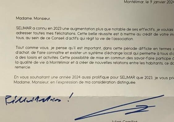 Gentil courrier de soutien de la mairie de Montélimar